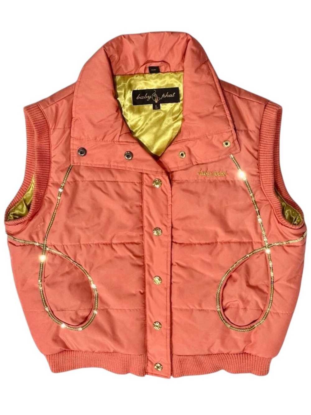 Vintage Y2K Baby Phat Pink Puffer Vest Sequin Cat Gold Size L